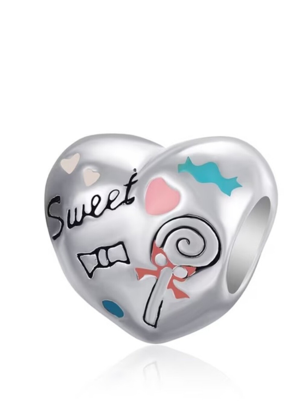 Sweet Candy Heart Charm - Silver Tone with Pink & Teal Accents